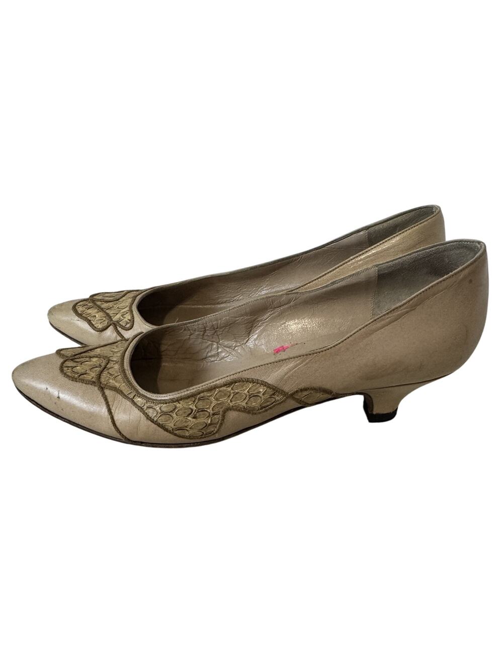 Bally Vintage Pumps Cream Leather Womens Shoes Size 7.5N Italy Snakeskin Blush